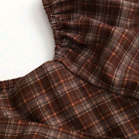 Women's Vintage Elegant Plaid Bow Tie Waist Slim Fit Lantern Sleeve Blouse - Picture 5 of 5